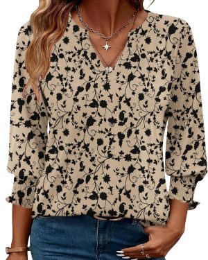 3/4 Length Sleeve Womens Tops 2025 Floral Womens Blouses V Neck TunicTops with Smocked Cuffs