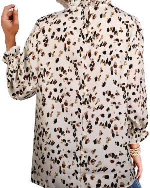Women Polka Dot Long Sleeve Blouse Shirts Work Mock Neck Ruffle Top