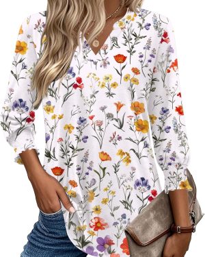 3/4 Length Sleeve Womens Tops 2025 Floral Womens Blouses V Neck TunicTops with Smocked Cuffs