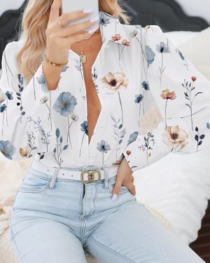 Womens Shirts Button Down Printed Lantern Long Sleeve Blouse Fashion Casual Tops 2025